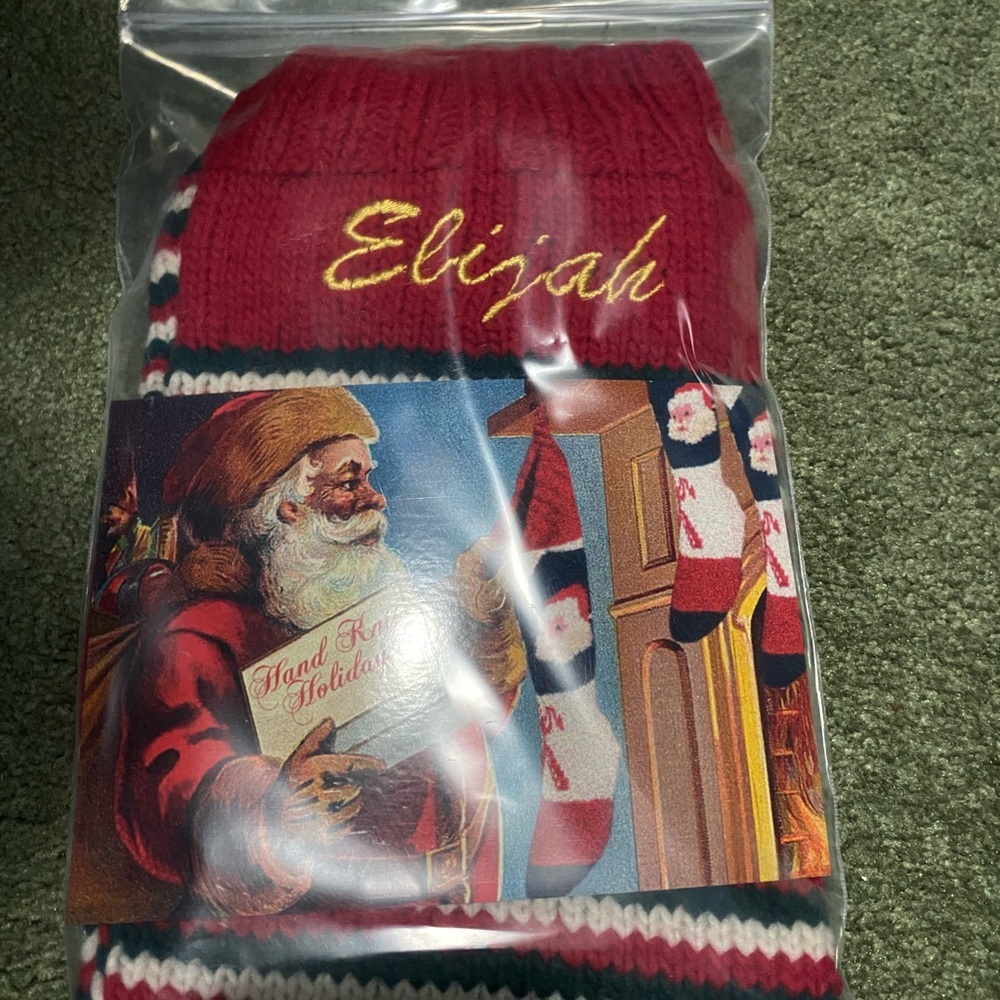 Hand knit Christmas Stocking. “Elijah”